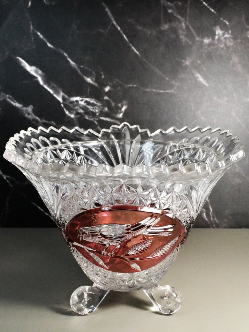 Hofbauer Byrdes Ruby Red Crystal 3 Footed Bowl Germany Vintage